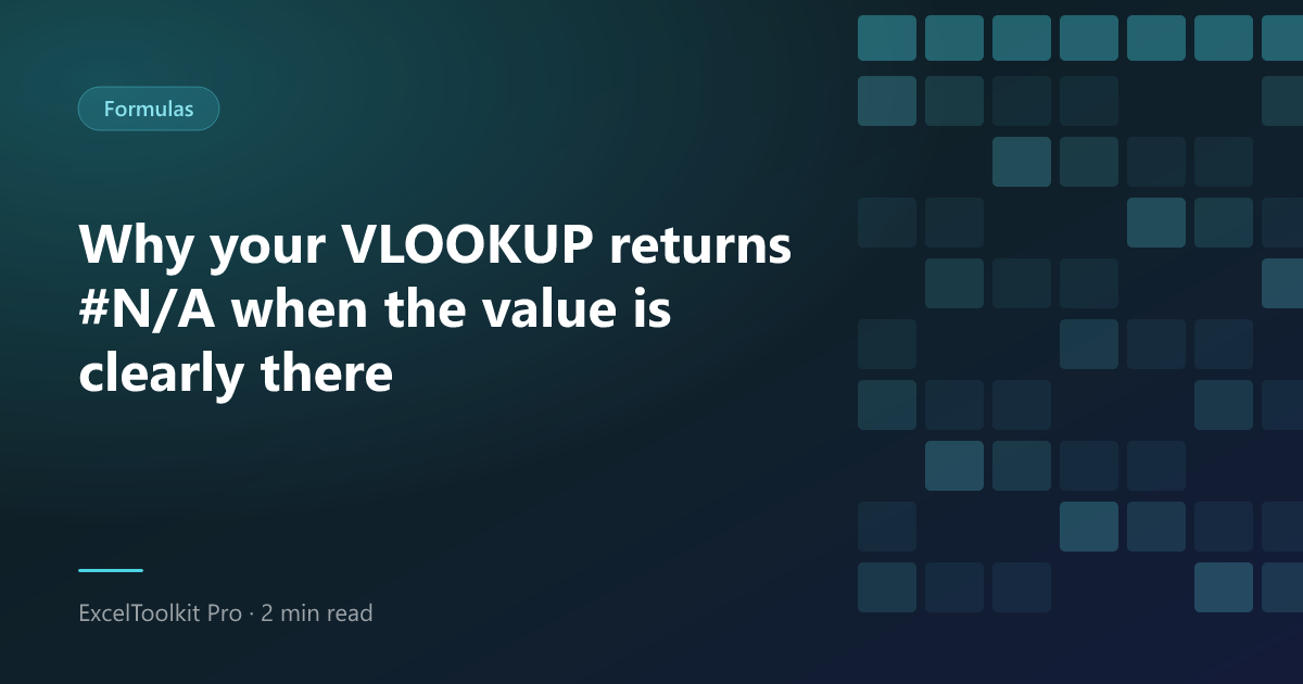 A spreadsheet showing a VLOOKUP formula returning #N/A next to a visibly matching value